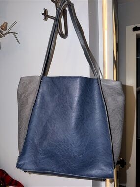 Two-Tone Navy and Gray Faux Leather Tote Bag